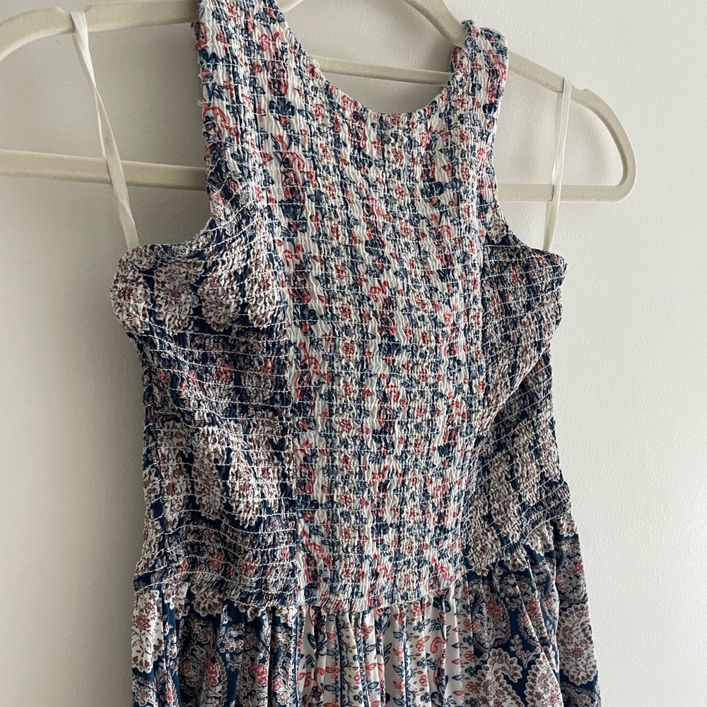 Japna Blue and Pink Ruched Smocked Midi Sundress